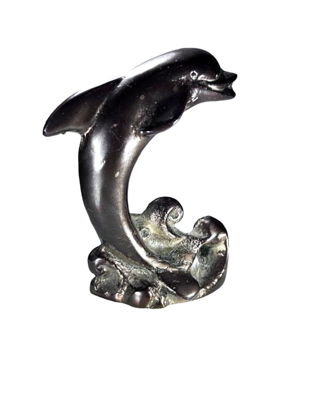 Dolphin Sculpture On Waves Metal Bronze Paperweight Ocean Animal 3 inches